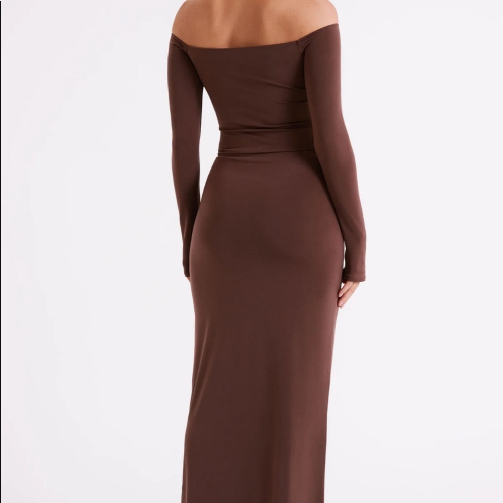 Brown off Shoulder Long Sleeve Top and Maxi Skirt set